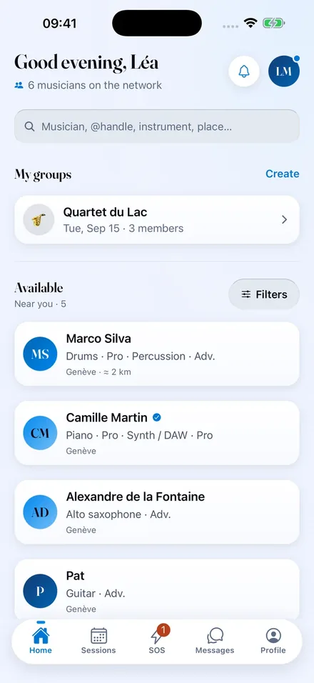 Dispo home screen listing available musicians in Geneva
