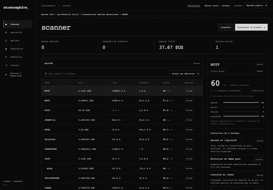 stratosph3re scanner: a table of tokens with price, liquidity and research index, and a detail panel
